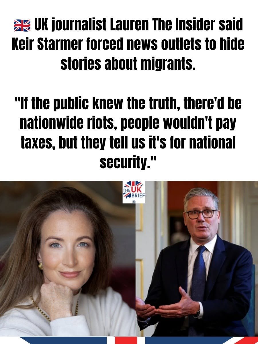 Paulrestore's tweet photo. 𝐂𝐑𝐀𝐙𝐘: 📷 UK journalist Lauren The Insider said Keir Starmer forced news outlets to hide stories about migrants.

"If the public knew the truth, there'd be nationwide riots, people wouldn't pay taxes, but they tell us it's for national security. https://t.co/n7y343hHOn