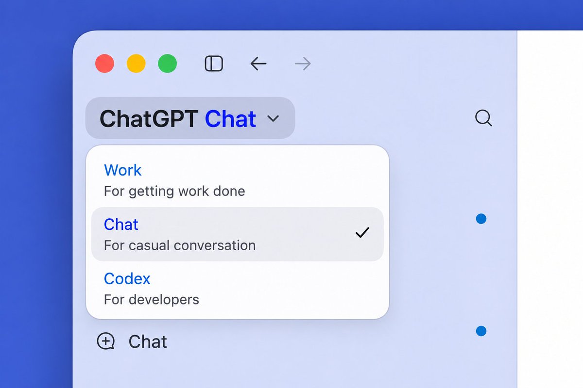 TokenGremlin's tweet photo. The new ChatGPT App should have a dedicated Chat mode alongside Work and Codex.

Not every interaction is about productivity or coding. Sometimes people just want to think, explore ideas, learn, vent, create, or have a casual conversation.

A simple option like:

Chat
For casual conversation

would make the app feel more complete and much closer to how many people actually use ChatGPT every day.

ChatGPT is not just a work tool or a developer assistant. It is also a conversational space.

@ChatGPTapp @TheRealAdamG @thsottiaux @JustinBleuel @jxnlco @Dimillian @AriX @ajambrosino