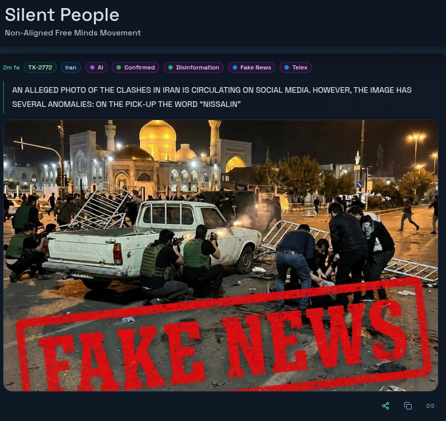 MisterFed's tweet photo. An alleged photo of the clashes in Iran is circulating on social media. However, the image has several anomalies: on the pick-up the word “NISSALIN” #Iran https://t.co/jT8KH6Y5K0 #FAKENEWS https://t.co/GeQ0MRNoSj