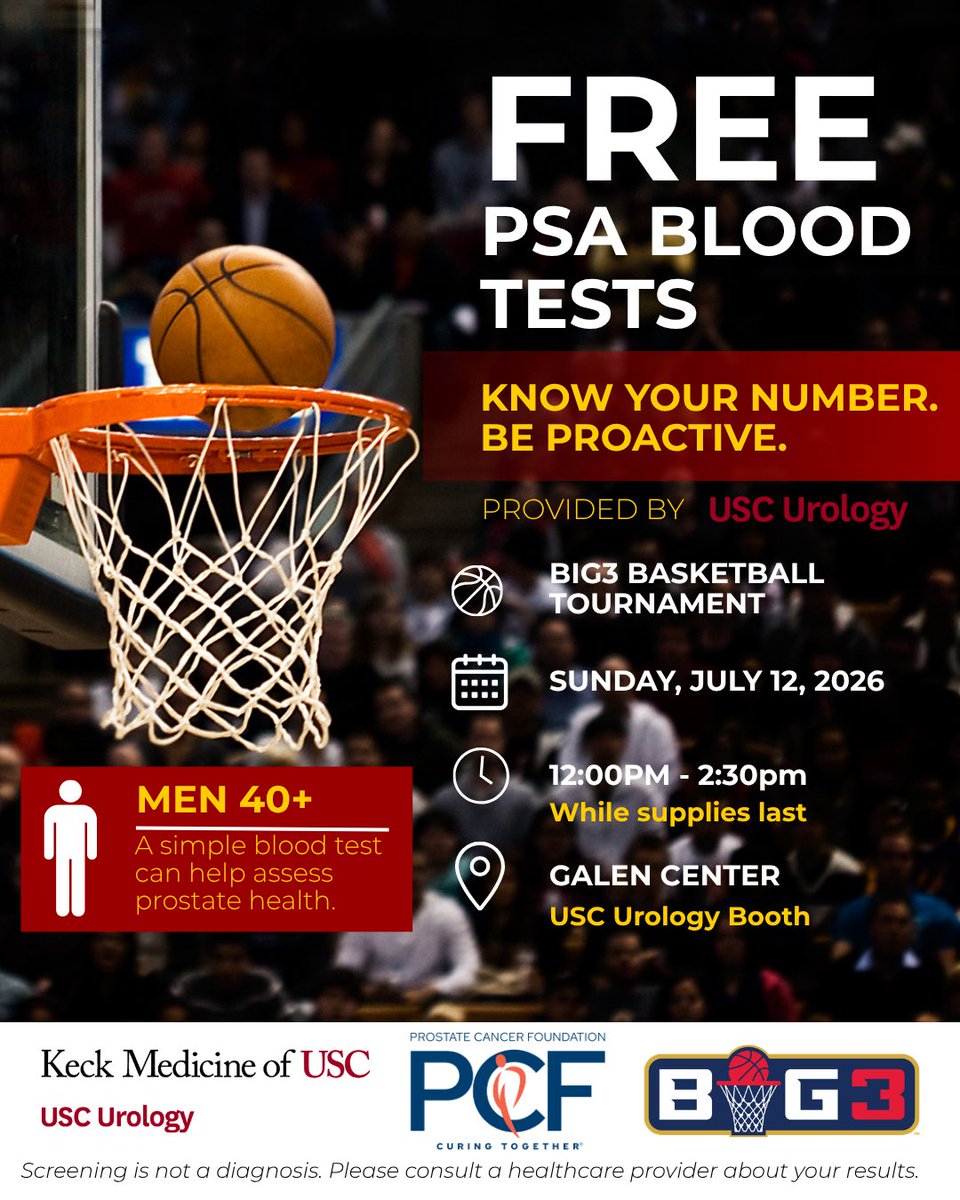 USC_Urology's tweet photo. 🏀 Heading to the BIG3 Basketball Tournament?
Stop by our tent at the Galen Center for a FREE PSA blood test and learn more about prostate health. A simple blood test can play an important role in early detection and help you have informed conversations with your healthcare provider.
📍 Galen Center
🕛 12:00–2:30 p.m.
🩸 Free PSA blood tests available while supplies last
We look forward to seeing you there! @PCFnews @thebig3 
#USCUrology #KeckMedicine #ProstateHealth #PCF #EarlyDetection #BIG3Basketball