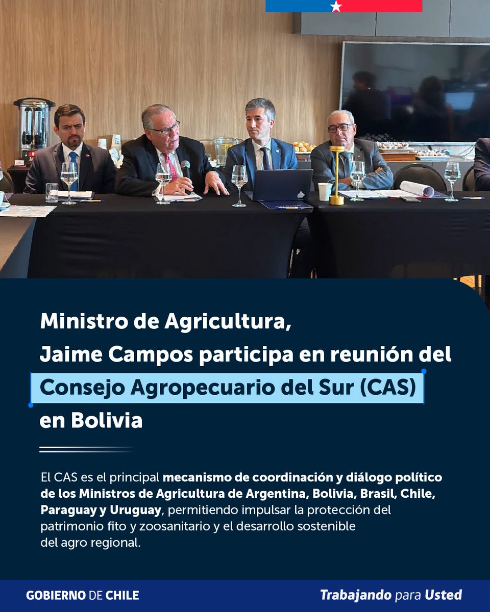 MinagriCL's tweet photo. En Bolivia, el ministro de Agricultura, Jaime Campos, participa en la LII Reunión del @Consejo_CAS. 

Esta instancia, integrada por Argentina, Bolivia, Brasil, Chile, Paraguay y Uruguay, fortalece la coordinación regional para enfrentar desafíos comunes, proteger el patrimonio fito y zoosanitario, impulsar la cooperación técnica y promover un comercio agroexportador más competitivo y sostenible.

🤝 El trabajo conjunto entre los países del CAS permite construir posiciones comunes para fortalecer el desarrollo del sector silvoagropecuario y avanzar hacia sistemas agroalimentarios más resilientes.