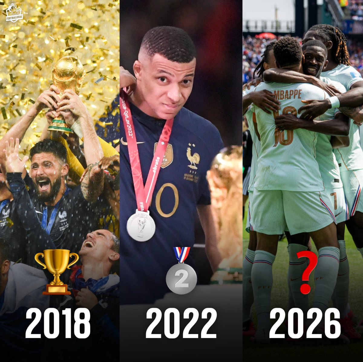 Footballogue's tweet photo. 🔴 𝗖'𝗘𝗦𝗧 𝗛𝗜𝗦𝗧𝗢𝗥𝗜𝗤𝗨𝗘 : 𝗟'𝗘́𝗤𝗨𝗜𝗣𝗘 𝗗𝗘 𝗙𝗥𝗔𝗡𝗖𝗘 𝗩𝗔 𝗗𝗜𝗦𝗣𝗨𝗧𝗘𝗥 𝗨𝗡𝗘 𝗧𝗥𝗢𝗜𝗦𝗜𝗘̀𝗠𝗘 𝗗𝗘𝗠𝗜-𝗙𝗜𝗡𝗔𝗟𝗘 𝗗𝗘 𝗖𝗢𝗨𝗣𝗘 𝗗𝗨 𝗠𝗢𝗡𝗗𝗘 𝗗'𝗔𝗙𝗙𝗜𝗟𝗘́𝗘 !!! 🤩🤩🇫🇷🇫🇷

2018 : 𝗩𝗔𝗜𝗡𝗤𝗨𝗘𝗨𝗥 🏆

2022 : 𝗙𝗜𝗡𝗔𝗟𝗜𝗦𝗧𝗘 🥈

2026 : 𝗠𝗜𝗡𝗜𝗠𝗨𝗠 𝗗𝗘𝗠𝗜-𝗙𝗜𝗡𝗔𝗟𝗜𝗦𝗧𝗘 ⌛️

Seuls l'Allemagne (deux fois) et le Brésil ont réussi cet exploit avant nous...

𝗤𝗨𝗘𝗟𝗟𝗘 𝗚𝗘́𝗡𝗘́𝗥𝗔𝗧𝗜𝗢𝗡 𝗗𝗘 𝗠𝗔𝗟𝗔𝗗𝗘 !!!! 🤯🤯🤯