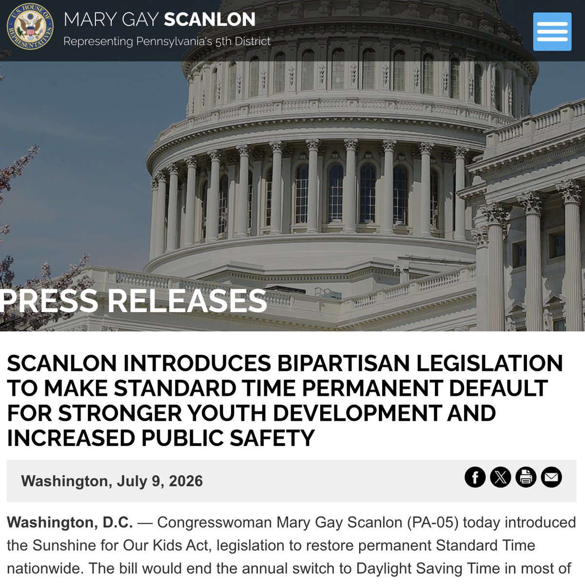 SaveStandard's tweet photo. 👏 BREAKING: Reps Mary Gay Scanlon (D-PA) and Pat Harrigan (R-NC) introduce “Sunshine for Our Kids Act” to restore permanent Standard Time nationwide, as is best for health, safety, education, and economy! States would also be able to self-exempt. 👉 Tell your reps to sponsor! https://t.co/1LDFJiXrJt