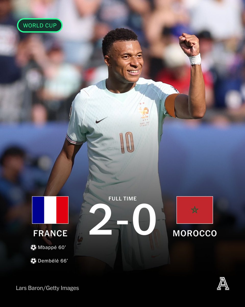 TheAthleticFC's tweet photo. France, as they have been throughout the World Cup, were completely dominant against Morocco, who exit the World Cup having barely laid a glove on Didier Deschamps' side.

Kylian Mbappe's delightful curling effort was soon followed up by Ousmane Dembele's fifth major international tournament goal for his country — he hadn't scored any prior to this World Cup.

Mbappe now has 20 World Cup goals, with eight coming in this tournament.

It's France's third successive World Cup semi-final — they will face Spain or Belgium in the last four.