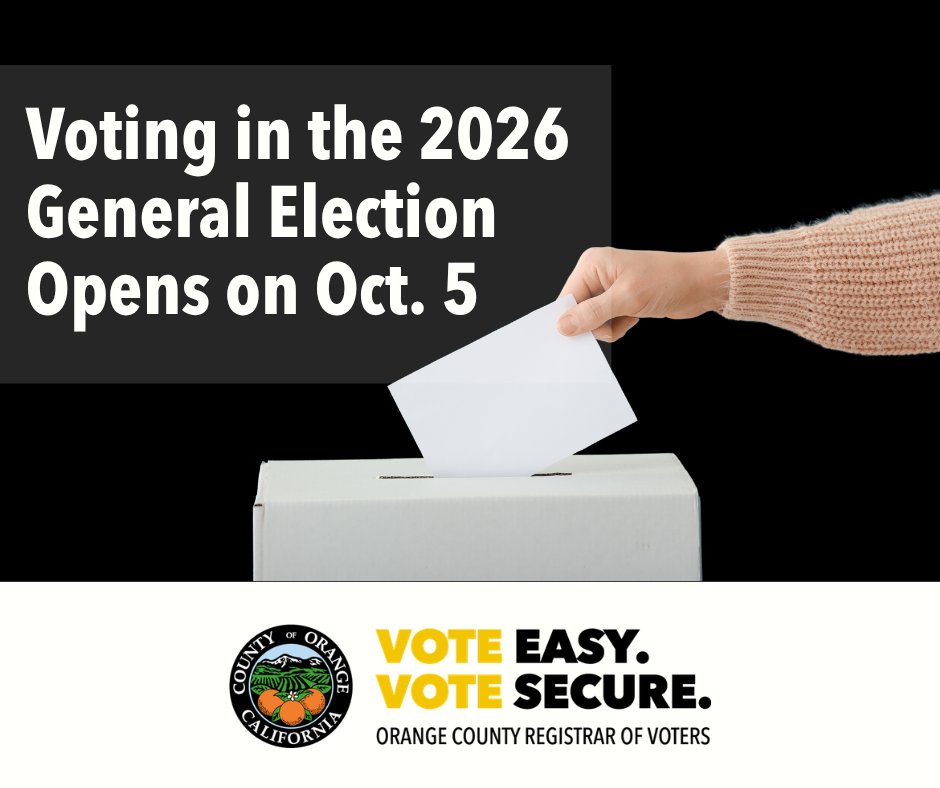 OCRegistrar's tweet photo. Voting in the 2026 General Election opens on Oct. 5.   But you don't have to wait until then to register to vote or to make updates to your voter registration. You can do so right now at https://t.co/Zu0ukUcXH2.
#voteeasyvotesecure #ocvotes https://t.co/BIDXXKoAF6