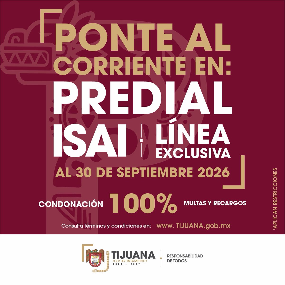 NoticiaRosarito's tweet photo. 📣| El Gobierno Municipal informa que continúa vigente la condonación del 100% en multas y recargos.  Exclusivo en línea.

Vigente hasta el 30 de Septiembre 2026.

#TijuanaResponsabilidadDeTodos

Ponte al corriente:
PREDIAL
ISAI Linea exclusiva https://t.co/XMnl2VL9l2