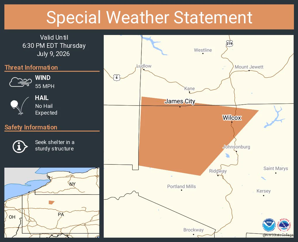 This graphic displays a special weather statement plotted on a map. The statement is in effect until 6:30 PM EDT.  The statement includes Wilcox PA and  James City PA.  A STRONG THUNDERSTORM WILL IMPACT NORTHWESTERN ELK AND SOUTHWESTERN MCKEAN COUNTIES THROUGH 630 PM EDT. The threats associated with this storm are wind gusts up to 55 MPH and no hail is expected. Seek shelter in a sturdy structure until the storm passes.