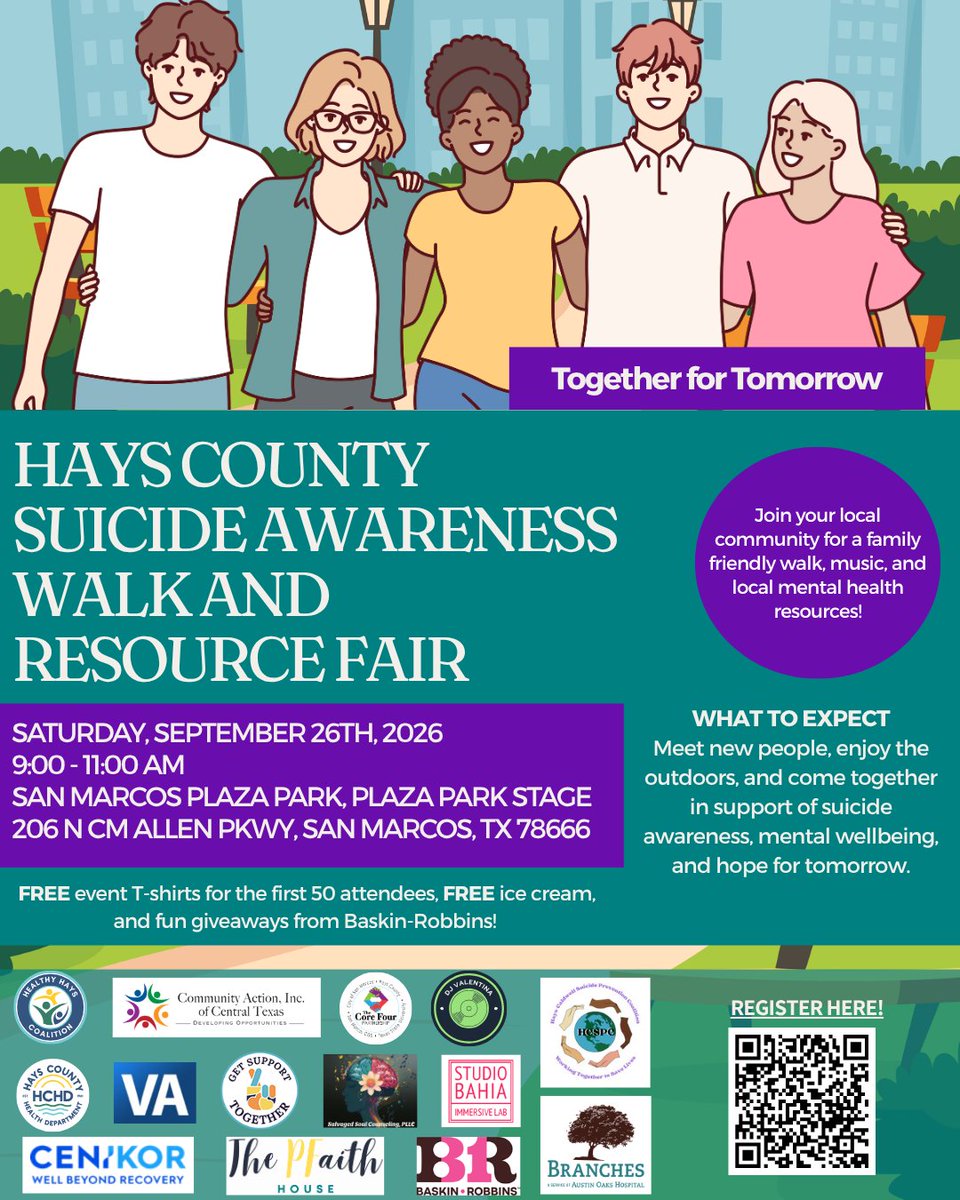 HaysCoHealth's tweet photo. Join us for the Together for Tomorrow: Suicide Awareness Walk &amp; Resource Fair
📆 Saturday, September 26th, 2026
🕐 9–11 AM
📍 San Marcos Plaza Park, Plaza Park Stage 206 N CM Allen Pkwy, San Marcos, TX

Register: https://t.co/xrRpHM2WKO
T-shirt submission: https://t.co/4eWhGeqYIb https://t.co/I3ii69RvyQ
