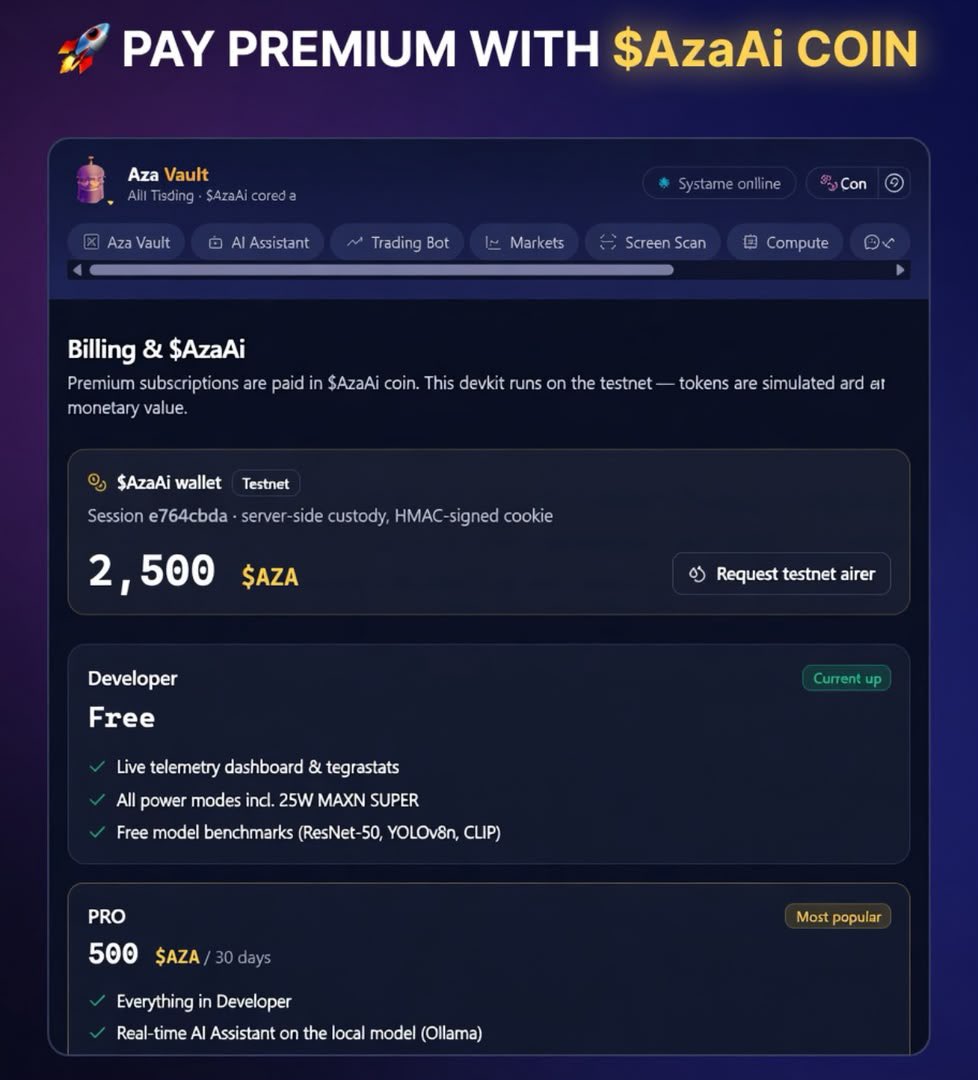 azavault's tweet photo. 🚀 $AzaAi Coin just got real utility!

Premium subscriptions in the Aza Vault app are now paid directly with $AzaAi Coin.

✅ PRO tier → only 500 $AZA / 30 days  
✅ Unlocks real-time local AI Assistant (Ollama)  
✅ Everything in Developer tier + premium features  
✅ Developer tier stays FREE forever

The devkit is live on testnet right now — tokens are simulated but the payment flow is 100% real.

This is what in-app crypto payments for AI + fintech should feel like.

Holders get:
• Seamless payments  
• Future staking & governance  
• Premium AI access  
• Real ecosystem utility

Open the app → request your testnet airdrop → upgrade to PRO with $AzaAi today.

The future of utility tokens starts here.

What feature would you unlock first? 👇

#AzaAi #AzaVault #UtilityToken #CryptoPayments #AI