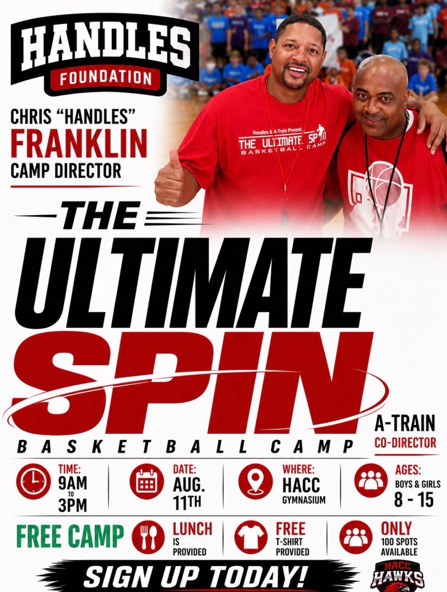 chrishandles's tweet photo. Registration is now OPEN for the 24th Annual Ultimate Spin Basketball Camp! For 24 straight years, we’ve been proud to provide a FREE camp that teaches basketball, builds confidence, and inspires the next generation.
📅 August 11
📍 HACC Gymnasium
🕘 9 AM – 3 PM
👦👧 Ages 8–15 https://t.co/eQgmeCwaLT