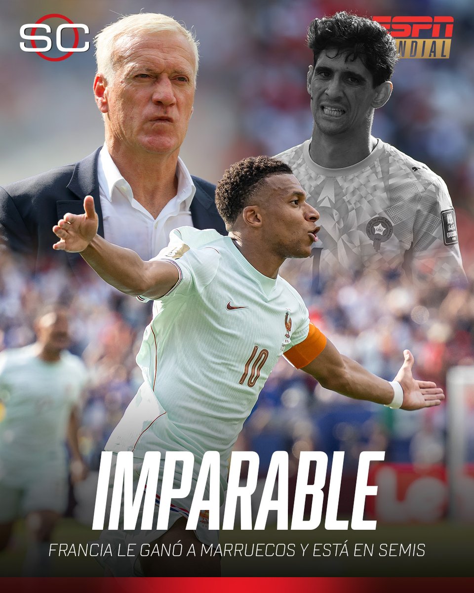 SC_ESPN's tweet photo. 🔥 TENEMOS EL PRIMER SEMIFINALISTA DEL MUNDIAL

🇫🇷 Francia le ganó 2-0 a Marruecos por los Cuartos de final en Boston y continúa invicto en la Copa del Mundo

⚽ Kylian Mbappé y Ousmane Dembelé

👏 Gran partido de Bono que le atajó un penal a Kiki

🔜 Espera por España o Bélgica en semis

⚽ #ESPNMundial