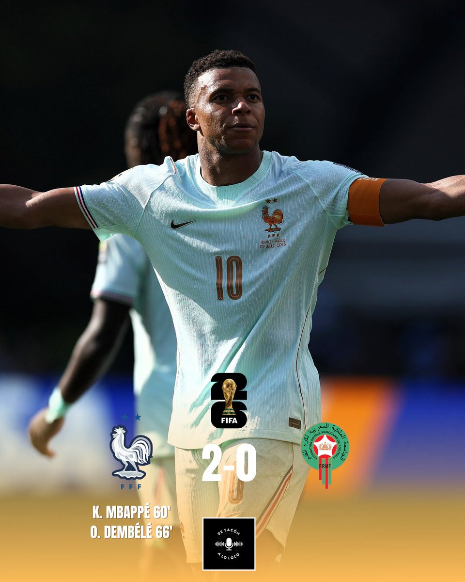 DeTaconALoLoco's tweet photo. 🔚 FINAL | 🇫🇷 FRANCIA 2-0 🇲🇦 MARRUECOS

✅ Partidazo de la selección de Deschamps, que firmó un encuentro muy serio, sometiendo y anulando a Marruecos para convertirse en la primera clasificada para las semifinales.

🏆 MVP: OUSMANE DEMBÉLÉ

#mundialdefútbol2026 https://t.co/9cgzocV0GT