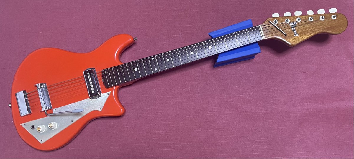 oceanbeauty10's tweet photo. New!!
Ibanez Model.771
価格不明 1962年
多満製作所製造
あのIbanezもビザールギターを作っていた歴史があります。
ピックアップ一つの漢な潔いギター。
錆一つなく、タイムマシンで蘇った感じです。
特筆すべきは、トレモロ機構で、ブリッジにアームバーがついており、アームダウンすると、ブリッジが上がり、音が♯側に。
その動きしか出来ないので、音を♭側にできません。（笑）更にアームバーは外れません。
色といい、なんともかわいいギターです。
指板材は目が詰まった良いものです。