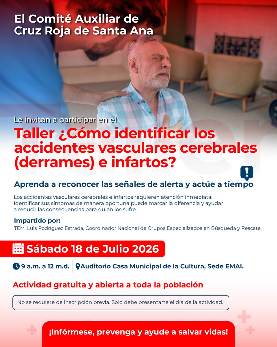 SantaAnaGob's tweet photo. #Atención

Salvar una vida puede partir de tener el conocimiento necesario para el momento justo.

Por eso extendemos esta invitación de @CruzRojaCRC  ¿Cómo identificar los accidentes vasculares cerebrales e infartos?

🗓Sábado 18 de julio
⏰9am
📌 EMAI

Más información👇 https://t.co/HHHo9Mc8pv