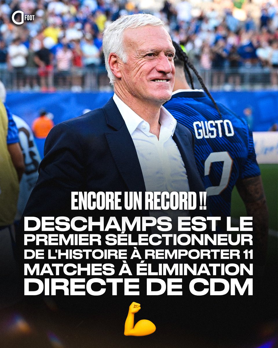 ActuFoot_'s tweet photo. 🚨🚨 NOUVEAU RECORD POUR DIDIER DESCHAMPS 🇫🇷 : IL EST LE PREMIER SÉLECTIONNEUR DE L'HISTOIRE À REMPORTER 11 MATCHES À ÉLIMINATION DIRECTE DE COUPE DU MONDE !!! 👏

On est là pour t'accompagner, DD. 💪 https://t.co/bzcSw3jpOe
