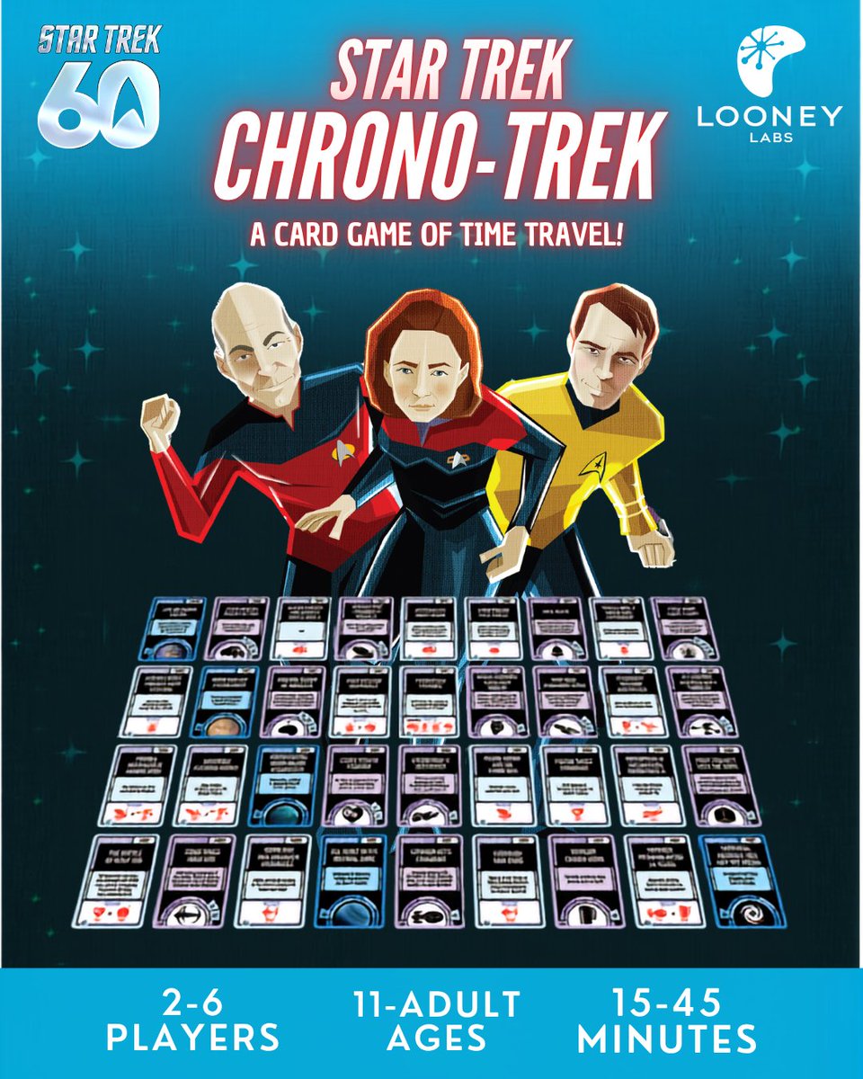 LooneyLabs's tweet photo. Celebrate Star Trek's 60th Anniversary as you explore the history (&amp; alternate history) of the Star Trek universe in the Star Trek version of Chrononauts. Take on the ID of one of your favorite Star Trek characters as you try to alter history to restore your specific timeline! https://t.co/FtfEdW7qyx