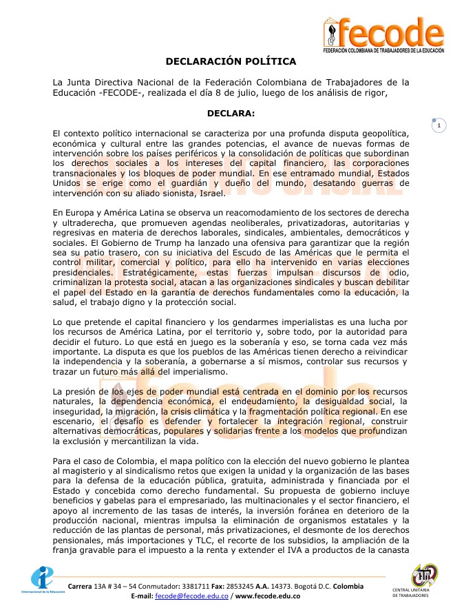 fecode's tweet photo. 📃Declaración política, Junta Nacional, 8 de julio
📄 "La Junta Directiva Nacional reafirma su compromiso con la defensa de la soberanía nacional, la educación pública, los derechos del magisterio colombiano, la libertad sindical, la negociación colectiva, la paz con justicia social y la unidad del movimiento sindical. Sin renunciar al diálogo social, Fecode y el magisterio se opondrán a políticas públicas regresivas".
https://t.co/jBdYlFu2OF