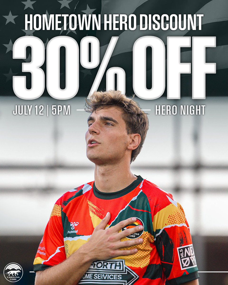 CarolinaCore_FC's tweet photo. Come celebrate our local heroes with us this Sunday at Truist Point! 🌟

All active and former military service members, first responders, and teachers are invited to use code 'COREHERO' at checkout via the link below for 30% off tickets! 🫡

🎟️ - https://t.co/2Ui47lPQH0 https://t.co/3tLCUN0erT