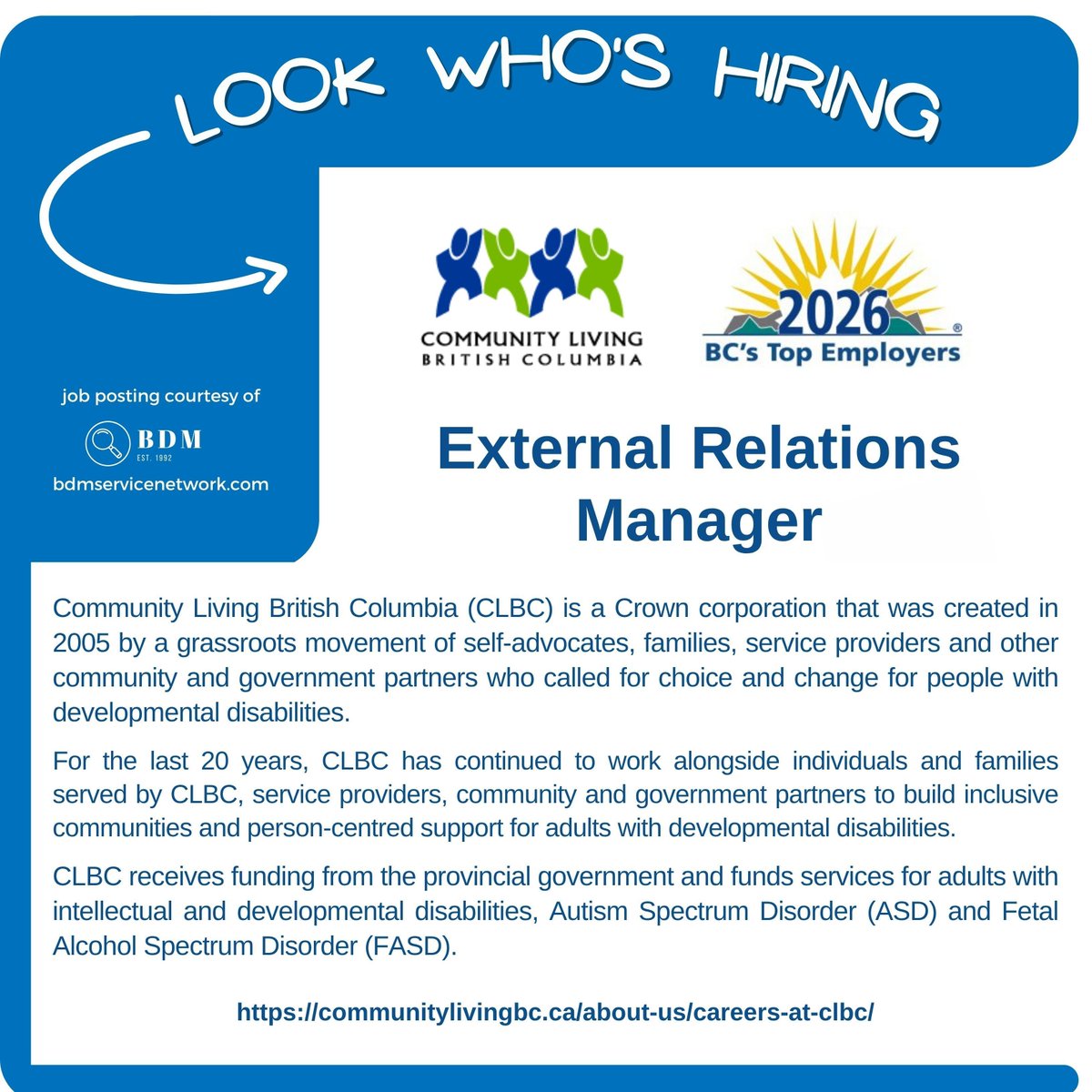 jobsfrombdm's tweet photo. π #JobAlert π¨π¦
External Relations Manager π
π Vancouver, BC
β Community Living British Columbia
π For job description and to apply, visit π https://t.co/gMc6CMCfDO
#BCJobs #VancouverJobs #JobsInBC #ExternalRelations #PublicAffairs #StrategicCommunications #GovernmentRelations #MediaRelations #IssuesManagement #CrisisCommunications #CommunicationsJobs #OpportunityAlert #Hiring #HiringAlert #Jobs #Careers #HiringNow #NowHiring