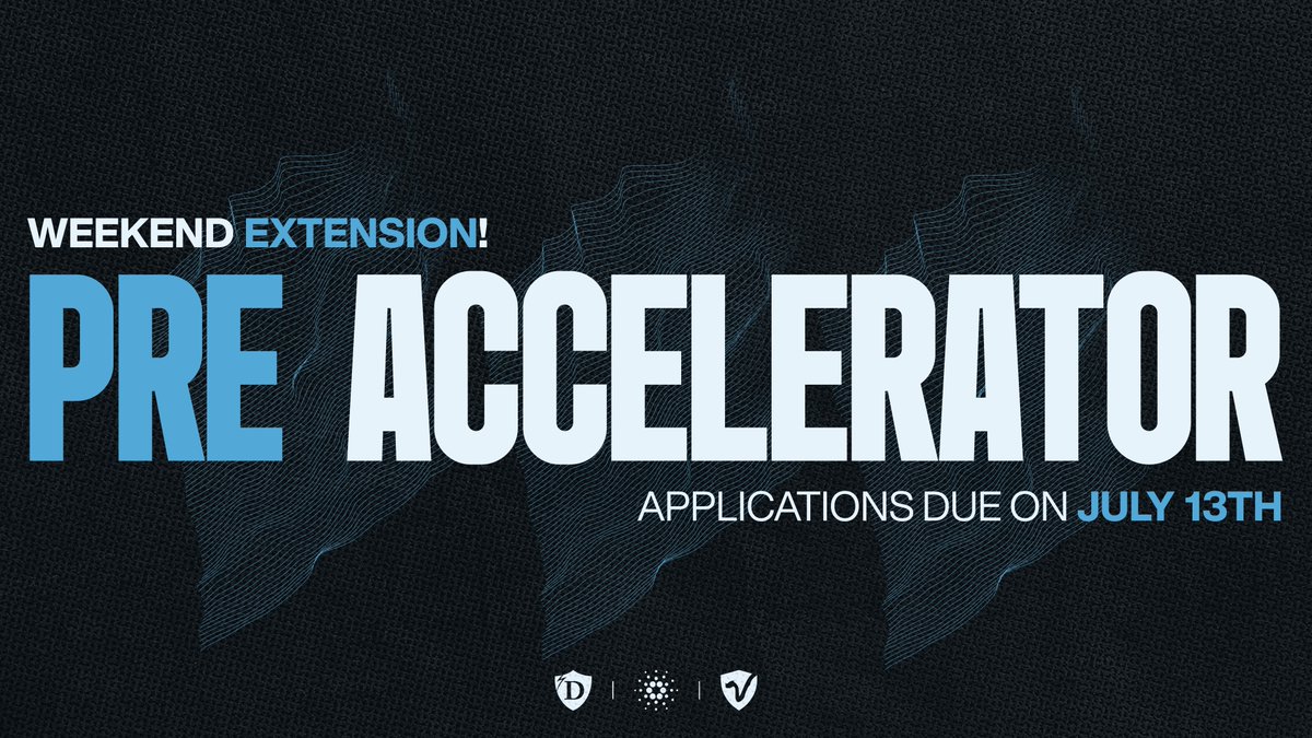 draper_u's tweet photo. 📣 We saw strong application volume for the Genesis Pre-Accelerator this week.

We want to make sure the right teams don't miss out.

The deadline to apply has been extended over the weekend! Apply by JULY 13th by 11:59 PM!

If you've been thinking about applying. This is your sign. Even if you’re still early, we want to hear about your project.

This program is great for anyone looking to grow an early project or startup into something BIGGER.

Come to Silicon Valley. Meet the best of the best in crypto & AI, and learn how to scale in a way that works.

Looking for early-stage builders on @Cardano across RWA, Institutional DeFi, and enterprise.

Know a builder who should be here? Tag them.

Link in bio to apply! 📲