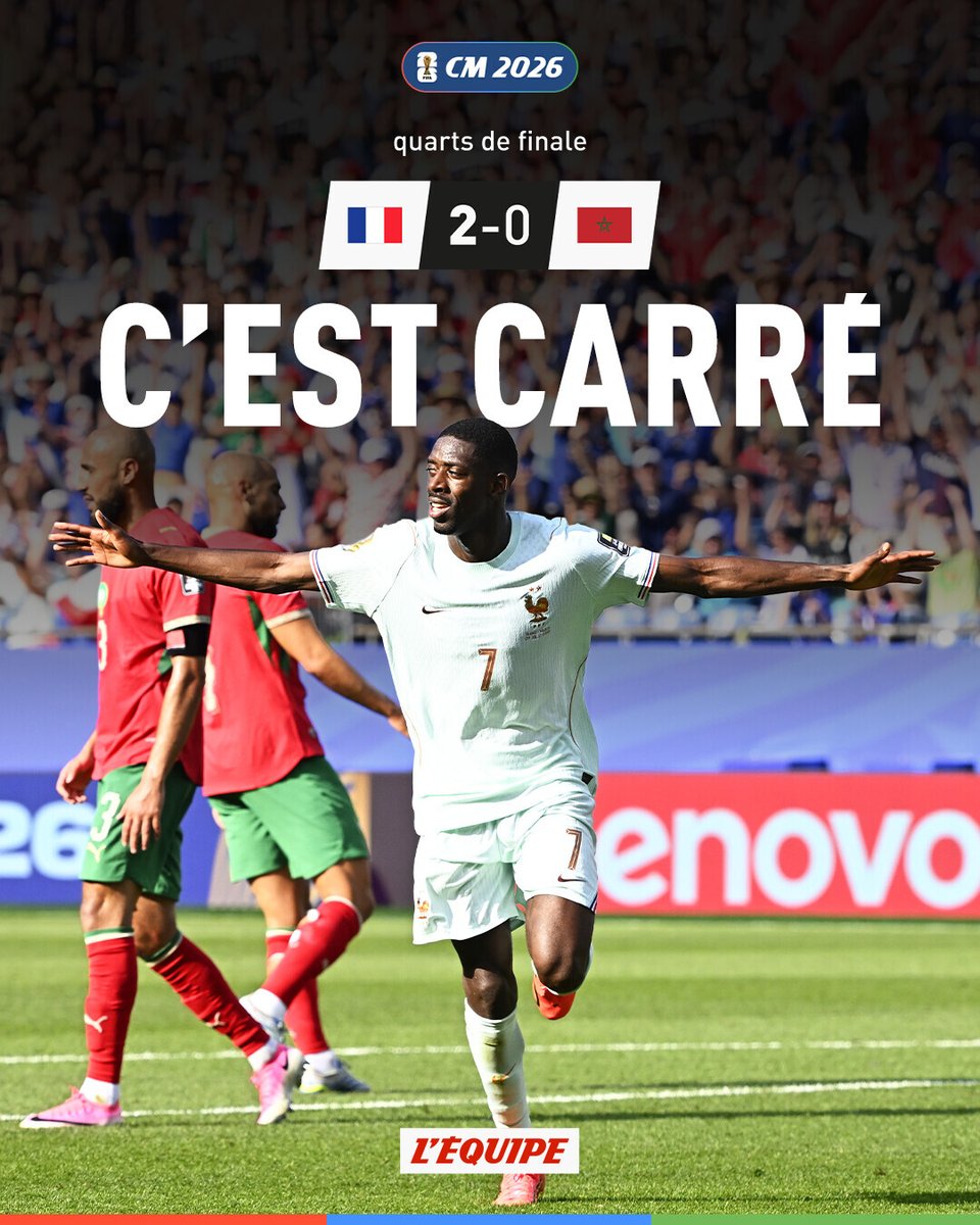 lequipe's tweet photo. Les Bleus écartent le Maroc et se qualifient pour les demi-finales > https://t.co/oETspfwGC6 https://t.co/2kb0ooU6Qo