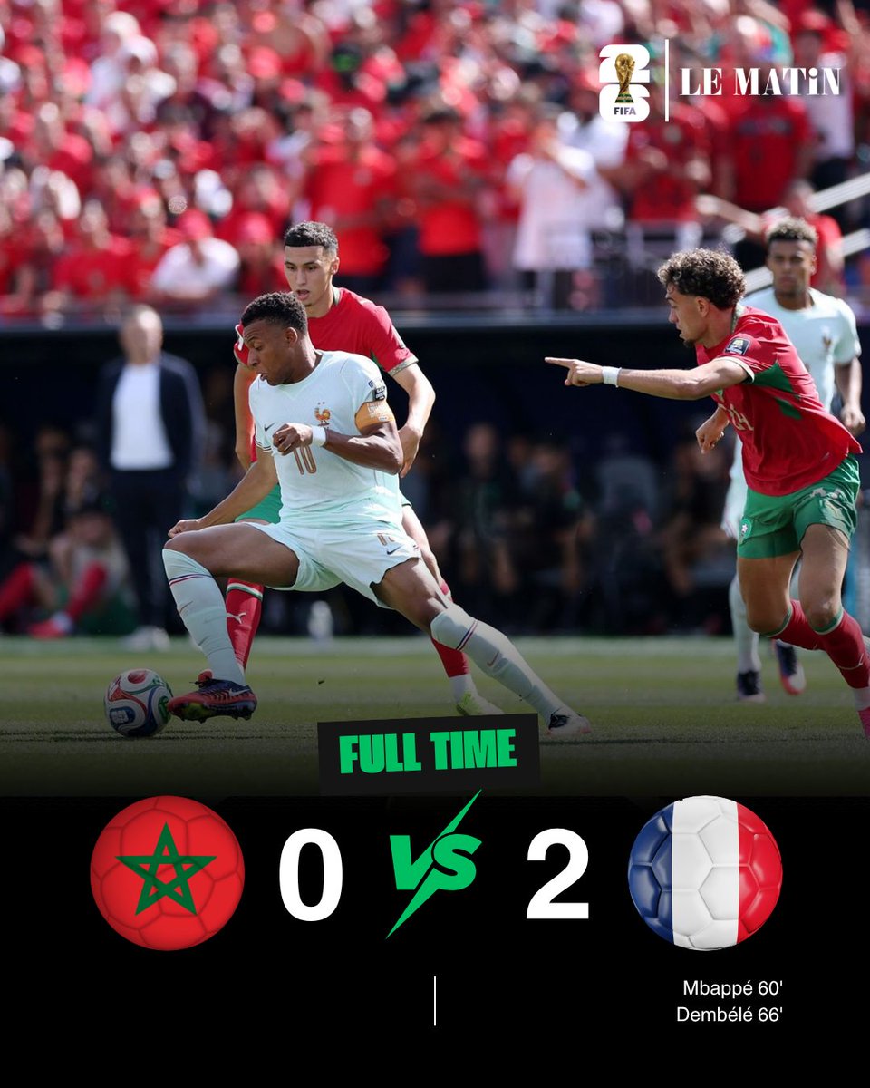 lematinpointma's tweet photo. 🇲🇦 Le Maroc s'arrête en quart de finale.
France 2️⃣–0️⃣ Maroc
#Maroc #France #LionsDeLAtlas #MarocFrance #CoupeDuMonde2026 #QuartDeFinale #Football #LeMatin 🇲🇦⚽ https://t.co/Nmup4ZA7LP