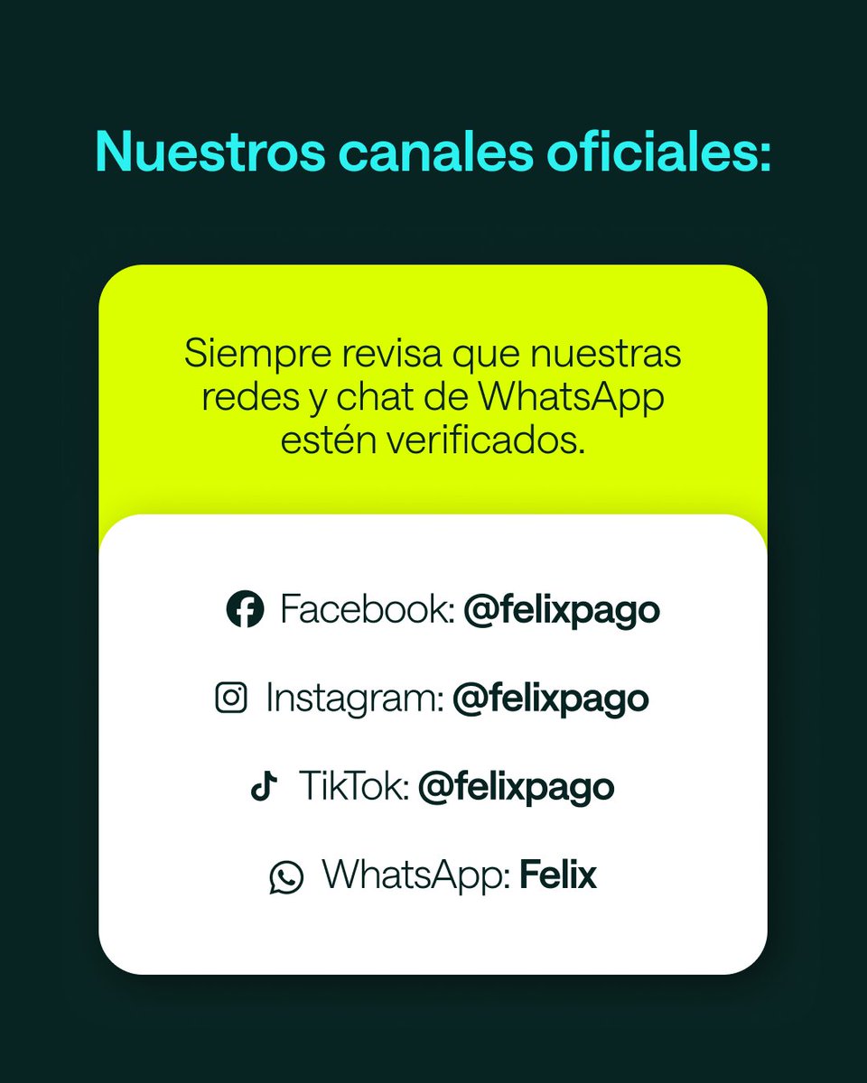 Felixpago's tweet photo. Hay algo que tienes que saber. 👀🔒

En Félix nos tomamos tu seguridad muy en serio, por eso queremos que conozcas exactamente cómo encontrarnos y cómo protegerte. 🩵

✅ Nuestras redes siempre tienen palomita azul: @felixpago

✅ Nuestro único número de WhatsApp: +1 669-333-3549

✅ Tu pago siempre va en un link 100% seguro y confidencial 🔐

❌ Jamás te pediremos tu contraseña, PIN o número de tarjeta por redes o email

Si algo te parece sospechoso, escríbenos de inmediato al chat oficial en WhatsApp o redes sociales oficiales. ¡Mejor preguntar dos veces! 💬

👉 https://t.co/G9IU0WZ08C

#Felix #Seguridad