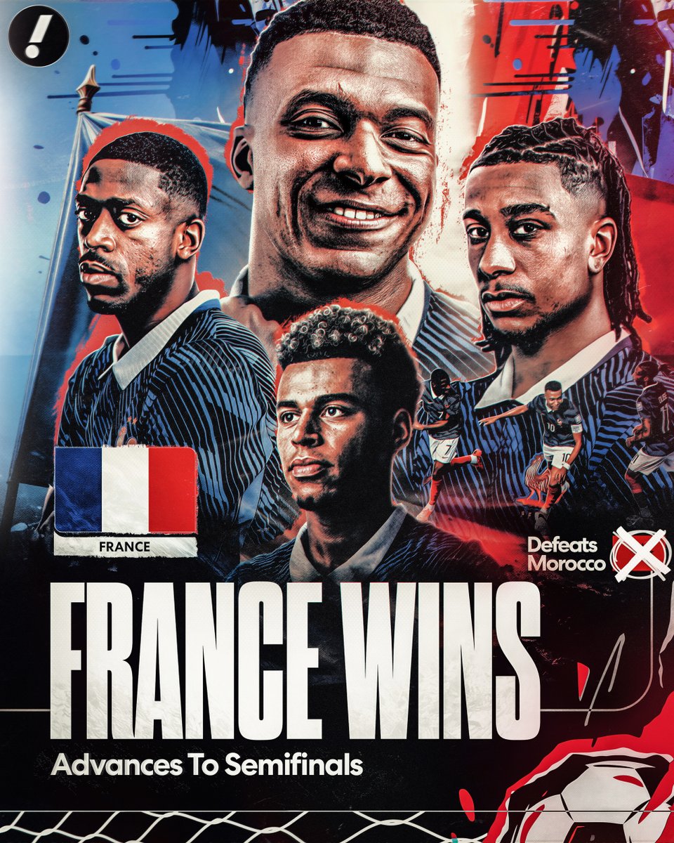 YahooSports's tweet photo. FRANCE IS OFF TO THE SEMIS FOR THE THIRD STRAIGHT WORLD CUP 🇫🇷

"Les Bleus" defeat Morocco and will face the winner of Spain-Belgium in the semifinals 🔥 https://t.co/EPUUeMSy63