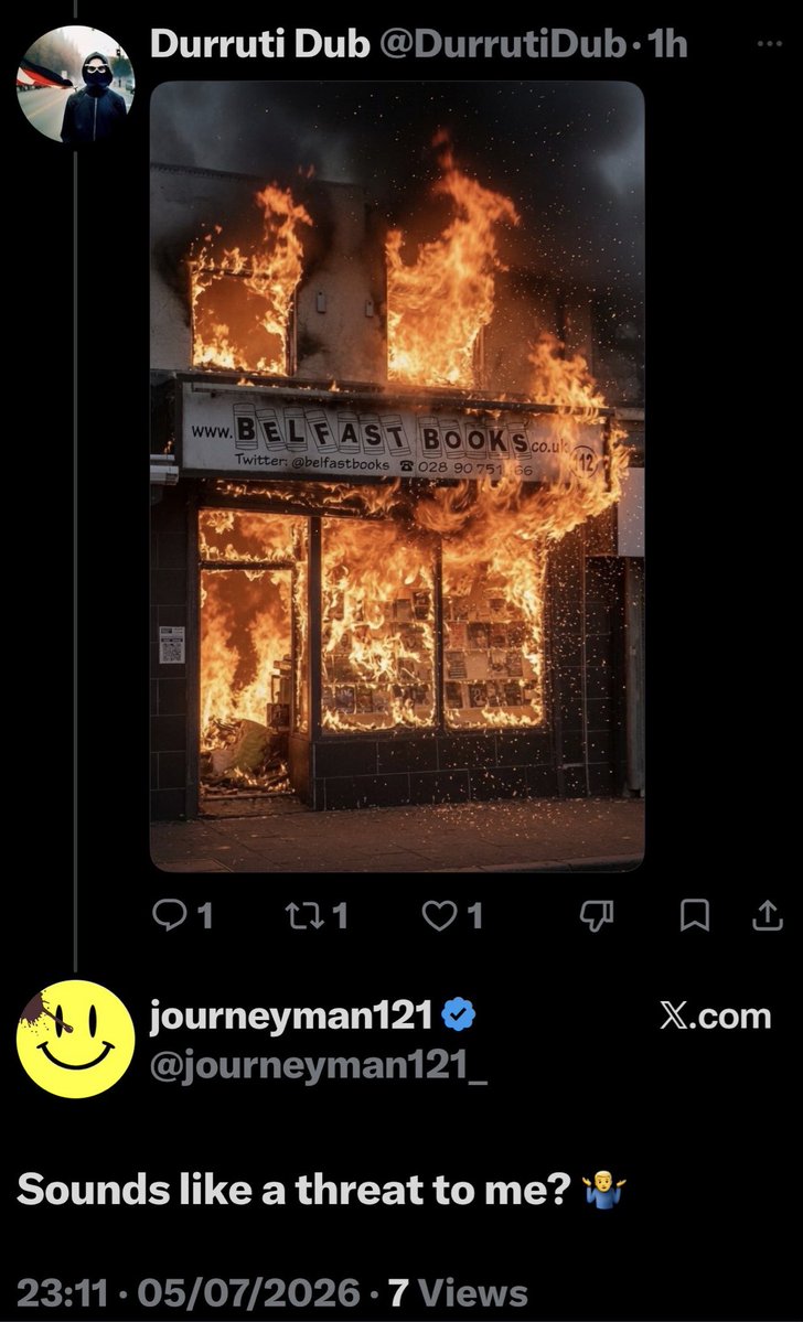 BelfastBooks's tweet photo. Odd that not a single politician commenting on the Moygashel bonfire offered us any support when a self styled “Paddystinian, “anti-fascist” Irish republican targeted our Unionist owned bookshop and another unionist with threats.

Silence then is as noticeable as the outrage now. https://t.co/MtKdqBIK8x