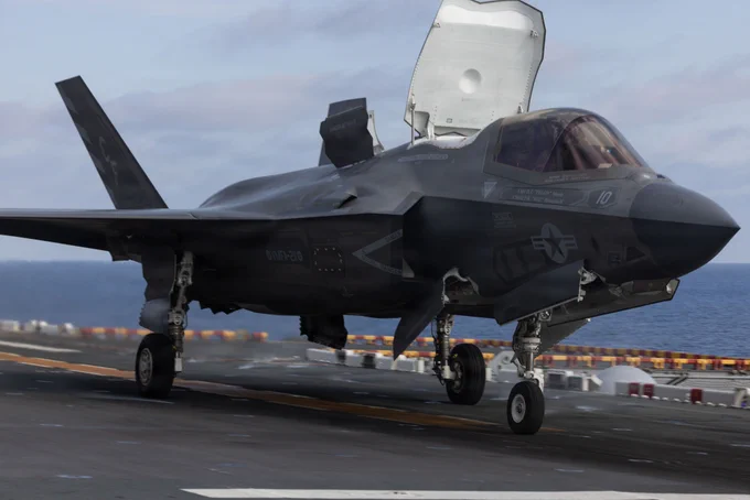 A U.S. Marine Corps F-35B Lightning II assigned to Marine Fighter Attack Squadron (VMFA) 211, 13th Marine Expeditionary Unit, takes off to execute a simulated expeditionary airstrike during routine operations and integrated training off the coast of California, June 23, 2026. The 13th MEU and the Makin Island Amphibious Ready Group are underway and conducting routine operations in the U.S. 3rd Fleet area of operations to enhance their combined Navy-Marine Corps readiness and lethality. (U.S. Marine Corps photo by Lance Cpl. Fernando Cruz Martinez)\n\n