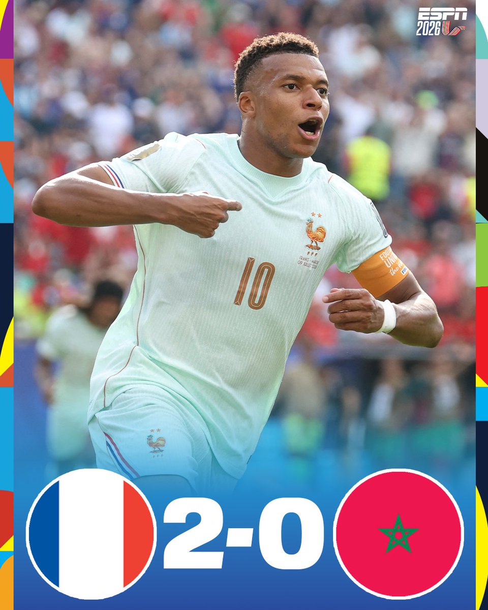 ESPNDeportes's tweet photo. ¡Francia es el primer clasificado a las semifinales del mundial! 🇫🇷 🔥

Mbappé y Dembélé marcaron para el 2-0 sobre una Marruecos que se preocupó más en defender que en atacar y queda fuera de la Copa del Mundo. 🫠 https://t.co/2B7NQZWuye