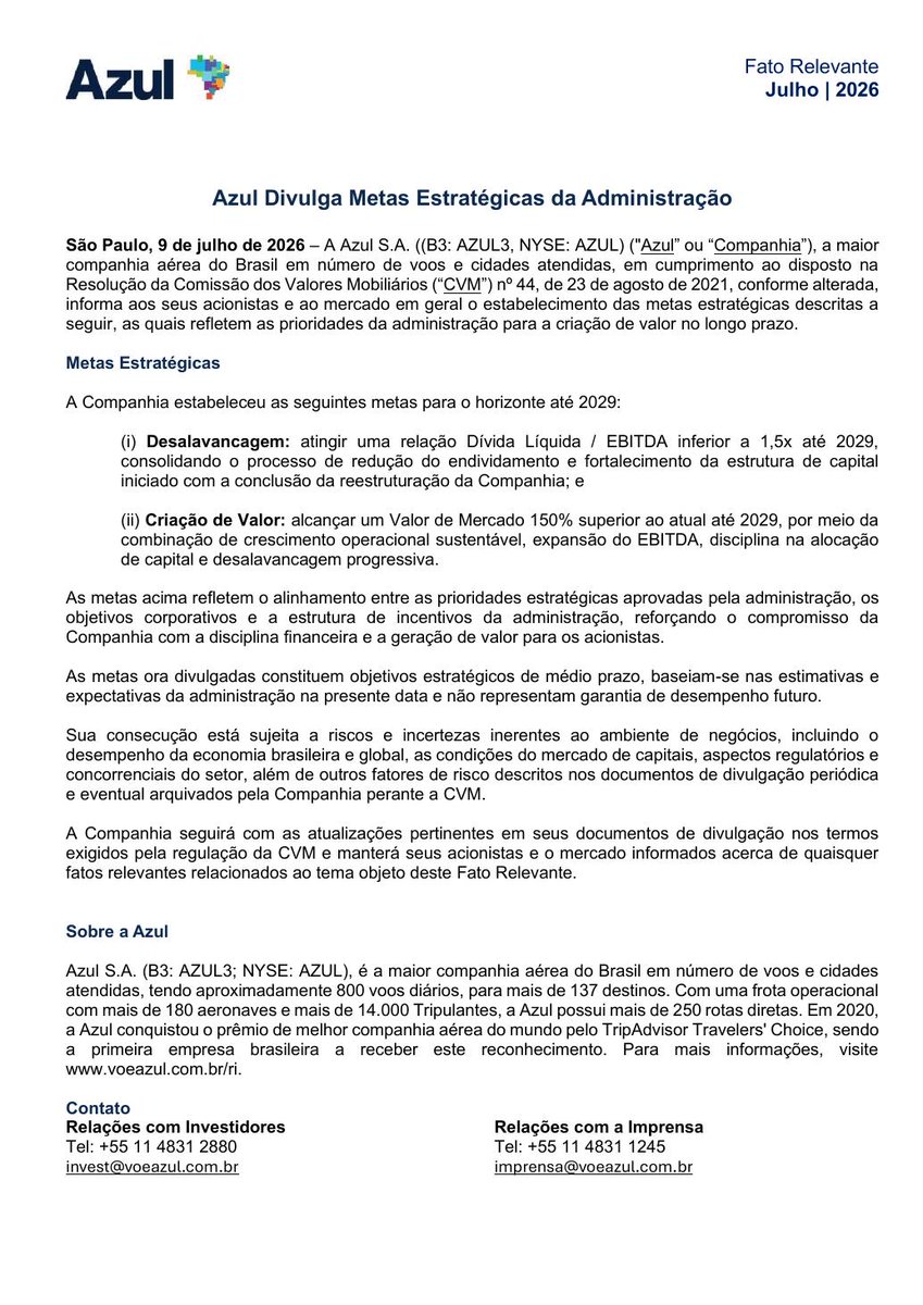 AvisosDaBolsa's tweet photo. AZUL S.A. - Azul Divulga Metas Estratégicas da Administração #AZUL4 https://t.co/0o76DfQXZa