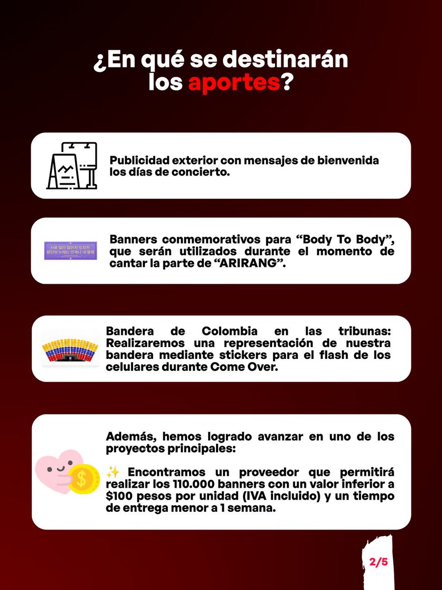 btsarmycol_'s tweet photo. ✨ ¿Qué queremos hacer realidad?

📢 Publicidad con mensajes de bienvenida.

💜 110.000 banners para el proyecto de “Body To Body” durante “ARIRANG”.

🇨🇴 Una bandera de Colombia en las tribunas mediante stickers para el flash de los celulares durante “Come Over”.

Además, ya encontramos un proveedor que permitirá producir los 110.000 banners por menos de $100 COP por unidad (IVA incluido) y con un tiempo de entrega inferior a una semana. ¡Un gran avance para el proyecto! 💜
