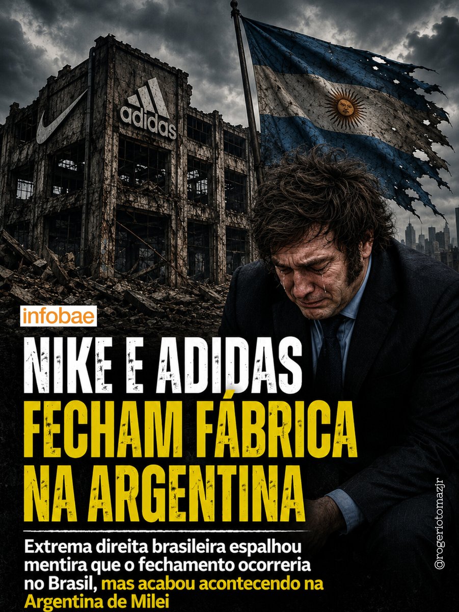 rogeriotomazjr's tweet photo. Mais duas multinacionais deixam a Argentina sob o governo de Javier Milei: Nike e Adidas fecharam a fábrica que mantinham em Eldorado, na província de Misiones, e demitiram 150 trabalhadores.

Curiosamente, a extrema direita brasileira espalhou a mentira que estas duas empresas estavam deixando o Brasil e passariam a fabricar seus produtos no Paraguai. A realidade é outra.

Toda semana alguma multinacional ou grande empresa nacional fecha às portas na Argentina sob o governo da extrema direita, que consegue superar Macri em termos de recordes negativos e só se compara ao desastre de Fernando de la Rúa, que gerou a megacrise de 2001.