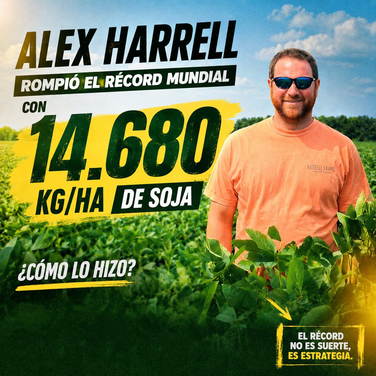 AgroConceptos's tweet photo. Alex Harrell rompió el récord mundial con 14.680 kg/ha de soja. ¿cómo hizo?

La respuesta es clara: Alex Harrell no ganó con un producto mágico; ganó con un sistema extremadamente disciplinado que integra tecnología, precisión y datos en cada paso. No es una agricultura de "recetas", sino de retroalimentación continua. Aquí te detallamos cómo logró este hito histórico:

Un sistema basado en 10 prácticas fundamentales
Fertilidad balanceada sobre fertilidad alta: Harrell no busca saturar el suelo de fósforo (P) o potasio (K). Su prioridad absoluta es el balance, enfocándose en la saturación de bases, y las relaciones Ca:Mg, P:Zn y Fe:Mn. Su premisa: "Suelos desbalanceados producen plantas desbalanceadas."

Nutrición completa (no solo NPK): Su enfoque nutricional es integral. Su mezcla incluye N, P, K, S, Zn, B, Cu, Fe, Mn, Mo, Mg. Él compara la nutrición con cocinar una torta: "Podés sacar dos ingredientes... pero nunca va a salir igual."

Strip-Till + Cultivos de Cobertura (Innegociable): Nunca separa estas dos prácticas. El objetivo es mejorar la infiltración, reducir la erosión, aumentar la aireación, lograr raíces profundas y crear una banda caliente para sembrar temprano.

Ubicación estratégica del fertilizante (3x3): Harrell no aplica a voleo. Coloca los nutrientes exactamente donde crecerán las raíces. Usa un sistema 3x3 (3 pulgadas al costado y 3 pulgadas debajo de la semilla) para evitar la fitotoxicidad y maximizar la absorción de nutrientes críticos.

Siembra extremadamente precisa: Para Harrell, "la singulación importa tanto en soja como en maíz." Invierte una cantidad enorme de tiempo en ajustar la presión línea por línea, la profundidad y el contacto semilla-suelo para lograr una emergencia uniforme.

Siembra ultra-temprana: En Georgia, siembra durante marzo, mucho antes que la mayoría de los productores. Busca interceptar más radiación, un ciclo más largo y un mayor potencial de nudos para vainas. Ha llegado a plantar de noche si una lluvia amenaza con cambiar las condiciones.

Monitoreo semanal con análisis foliar (datos reales): Cada semana toma muestras de tejido. No fertiliza "por calendario", sino que ajusta las aplicaciones según la tendencia de consumo real de la planta. Esto le permite anticiparse antes de que aparezcan deficiencias visibles.

El enfoque post-R1 (el 67%): Este es uno de sus conceptos más disruptivos. El 67% de la absorción de nutrientes ocurre después de R1. Mientras muchos productores reducen el manejo en esta etapa, Harrell intensifica: aplicaciones foliares, reguladores de crecimiento (PGR), fungicidas, fertirriego y Y-Drops.

Sanidad preventiva extrema: No espera ver enfermedad. Realiza múltiples aplicaciones de fungicidas (llegó a realizar seis en sus lotes de récord) combinadas con el resto del manejo para blindar el cultivo durante todo el llenado.

Riego como herramienta de manejo integrada: El pivote central no es simplemente un seguro contra la sequía. Para Harrell, el agua es otra herramienta de manejo que se utiliza para inyectar fertilizantes y sincronizar el agua con los nutrientes, evitando el estrés durante el llenado crítico.