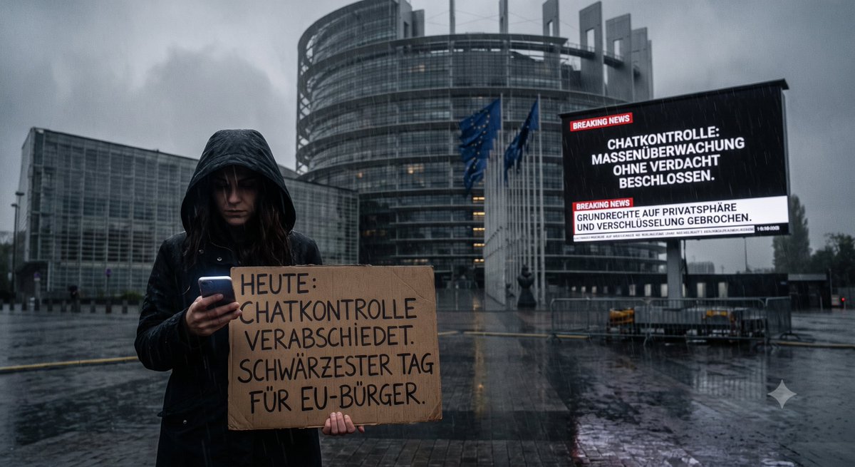 Christian2208's tweet photo. Chatkontrolle: Das Ende der digitalen Privatsphäre in der EU

Heute ist ein historischer Tag, doch für die Bürgerinnen und Bürger der Europäischen Union ist es ein schwarzer. Mit der Verabschiedung der sogenannten ‚Chatkontrolle‘ hat die EU den Weg für eine beispiellose Massenüberwachung ohne Verdacht geebnet. Unter dem Vorwand der Kriminalitätsbekämpfung werden die Grundrechte auf Privatsphäre und das Fernmeldegeheimnis de facto abgeschafft. Jede private Nachricht, jedes Foto, jedes Video kann nun gescannt werden. Es ist der schwärzeste Tag für die digitale Freiheit in Europa.
#EU #Chatcontrol #chatkontrolle