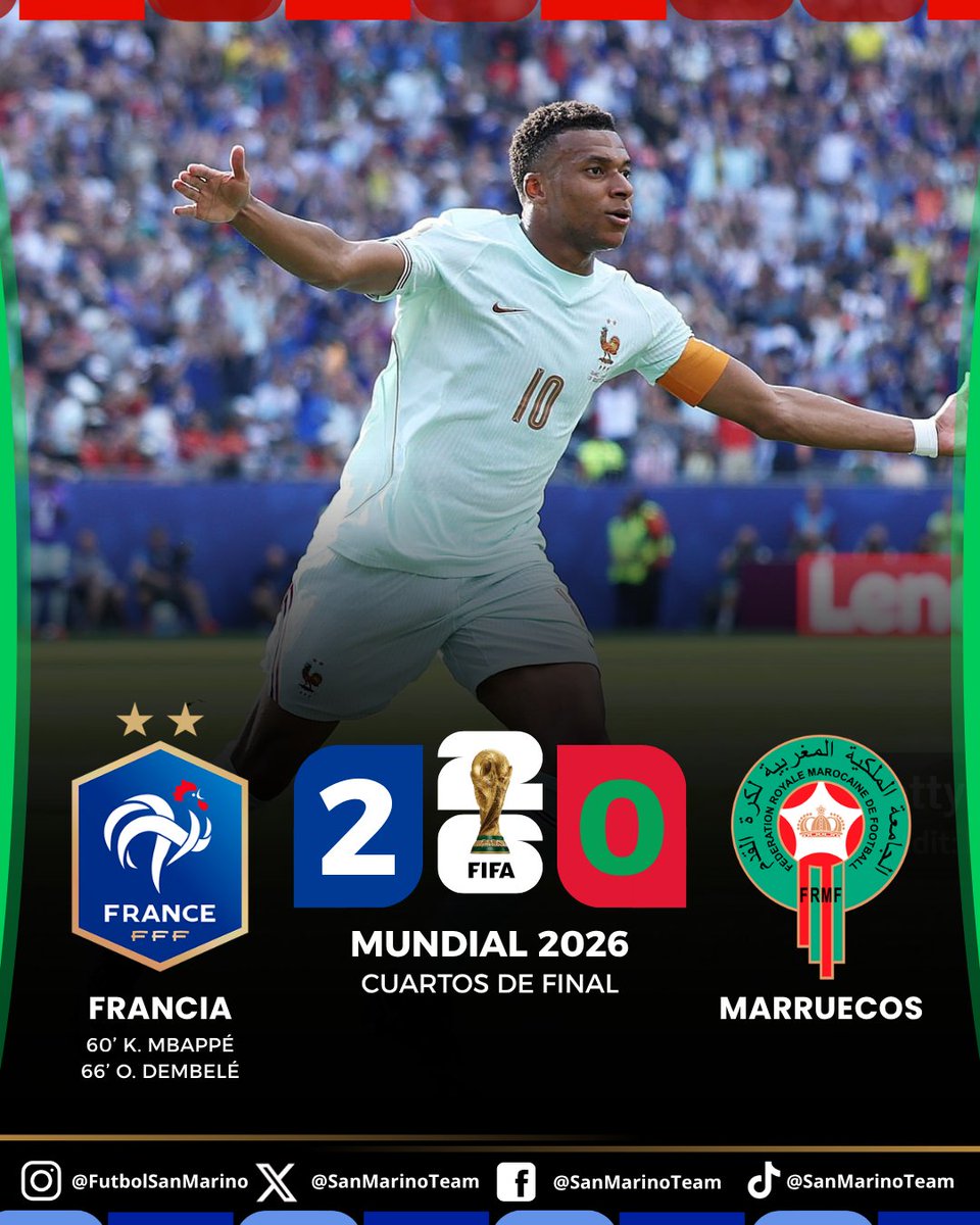 SanMarinoTeam's tweet photo. Francia eliminó a Marruecos y avanzó a las semifinales del Mundial. 🏆

De vuelta, un gran partido de los franceses que dominaron de principio a fin a su rival y ganaron sin atenuantes. Pudieron ser más goles si no estaba Bounou. 

¿Qué opinan del partido? 🇫🇷🇲🇦 https://t.co/xyg005C66E