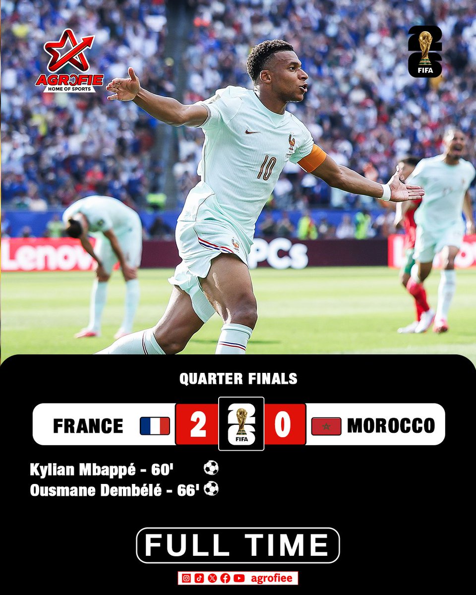 agrofiee's tweet photo. 🇫🇷 FRANCE ARE THROUGH TO THE FIFA WORLD CUP SEMI-FINALS! 🏆🔥

Les Bleus produce another world-class performance, defeating Morocco to book their place in the 2026 FIFA World Cup Semi-finals! https://t.co/8AL7VJOeaM