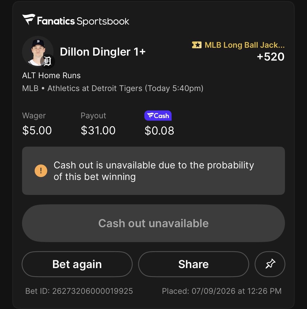 Sweet__Yeet's tweet photo. @FanaticsBook I believe Dingler is not in the starting lineup tonight, but my bet is being withheld. When will this be voided so I can use my funds and token?

Bet ID: 26273206000019925 https://t.co/ZE9py94IKn