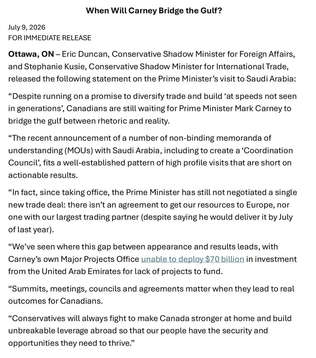 StephanieKusie's tweet photo. Carney's trip to Saudi Arabia fits a well-established pattern of high profile visits that are short on actionable results for Canadians.

The Prime Minister should focus on what matters - jobs and investments for Canadians - not non-binding MOUs.

Our Conservative statement: https://t.co/VwwpK73nMq