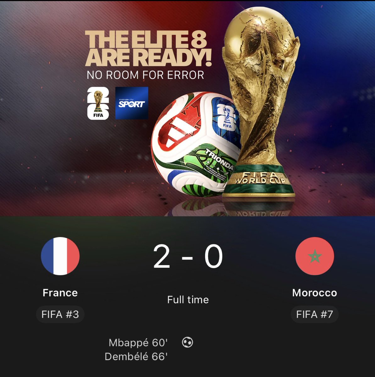 farabintvsport's tweet photo. فرانسه اولین مسافر نیمه‌نهایی جام جهانی ۲۰۲۶؛ پایان رویای شیرهای اطلس در بوستون!

شب اول از مرحله یک‌چهارم نهایی جام جهانی با پرواز بلند خروس‌ها آغاز شد. تیم ملی فرانسه با ارائه یک بازی حساب‌شده موفق شد خط دفاعی مستحکم مراکش را بشکند و به عنوان اولین تیم، بلیت حضور در مرحله نیمه‌نهایی در دالاس را رزرو کند.

فرانسه‌ با دو گل پیاپی در نیمه دوم، کار نماینده شجاع آفریقا را تمام کرد. کیلیان امباپه در دقیقه ۶۰ قفل دروازه‌ها را شکست و تنها ۶ دقیقه بعد، عثمان دمبله در دقیقه ۶۶ گل دوم را به ثمر رساند تا صعود شاگردان دشان قطعی شود.

مراکش با این شکست ۲ ب�� ۰ وداع تلخی با مسابقات داشت، اما آن‌ها در این جام هم با حذف تیم‌های بزرگی مثل هلند و کانادا، بار دیگر شایستگی و اصالت خود را به دنیا اثبات کردند.

با این نتیجه، فرانسه باید منتظر برنده کلینیک تاکتیکی فردا شب بین اسپانیا و بلژیک باشد تا حریف خود را در نیمه‌نهایی بشناسد.

#جام_جهانی
#جام_جهانی_2026
#فوتبال
#مرحله_حذفی 
#نتایج_جام_جهانی