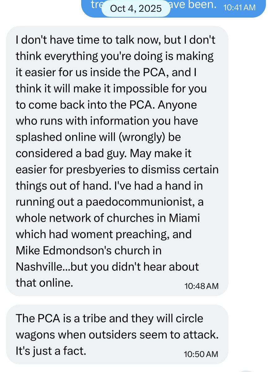 thisisfoster's tweet photo. Jared is kinda right.

Essentially, the PCA will not take criticism from outsiders. Instead, they'll circle the wagons and refuse to seriously consider that criticism simply because it didn't arise from within.

Then, rather than recognizing that as institutional pride, they'll recategorize it as "being churchmen."

Or, as a certain PCA influencer told me back in October...