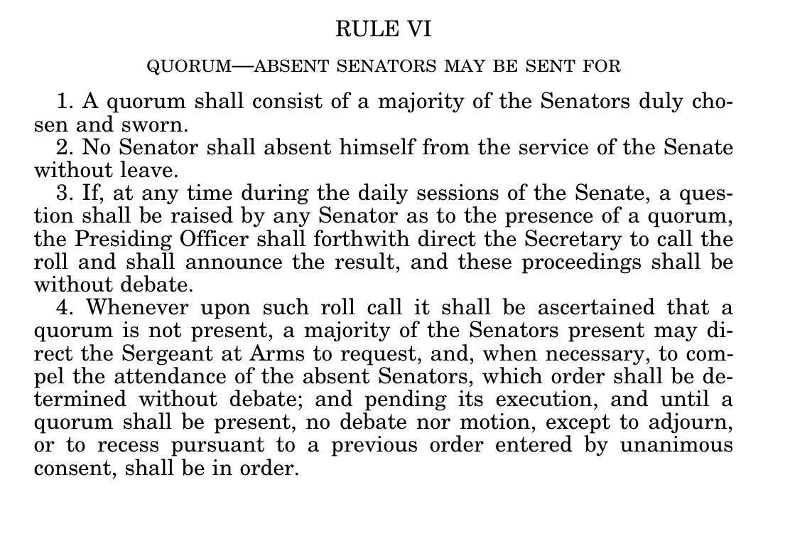 seanmdav's tweet photo. Under paragraph 2 of Rule VI of the Standing Rules of the Senate, “No Senator shall absent himself from the service of the Senate
without leave.”

Rather than communicating through secret phone calls or anonymous sources, McConnell has an obligation to disclose to the Senate the reason(s) for his extended absence and to request permission of the Senate to grant him the privilege of continued absence.

Without that disclosure and request, and without explicit Senate approval for his extended absence (which I am sure the Senate would grant), McConnell has an obligation to resign. But he is required to make the request under the Standing Rules of the Senate. 

These are the rules, and it’s long past time for senators to actually follow them.