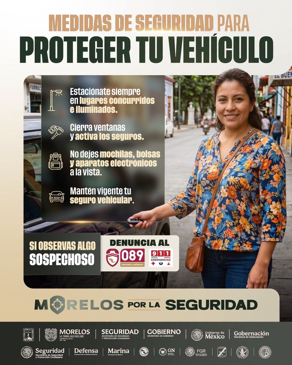 HnmMorelos's tweet photo. Proteger tu vehículo requiere de atención y pequeñas acciones diarias que marcan la diferencia. Te compartimos las medidas de seguridad que debes activar cada vez que dejes tu auto estacionado.
Si observas algo sospechoso, denuncia de forma anónima al 089.
#MorelosPorLaSeguridad https://t.co/zwqdPwT6jO