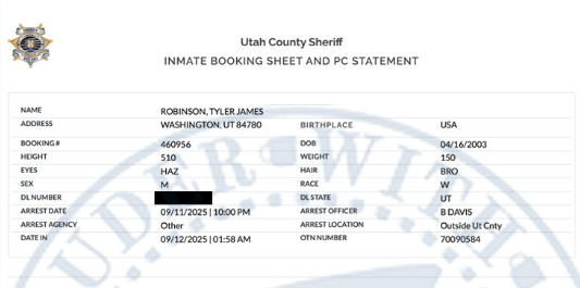 baroncoleman's tweet photo. @paramounttactcl Silly me for thinking Utah County Sheriff kept tidy records.  Lawyers are accustomed to relying on law enforcement records.  They're typically accurate.

"ARREST DATE 9/11/2025 | 10:00 PM" https://t.co/Gk093pGBoG
