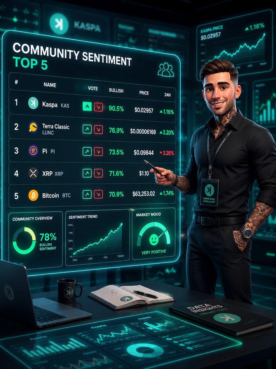 carlosofkaspa's tweet photo. July 9, 2026 📊

Community sentiment doesn't lie.

🥇 #Kaspa leads the Top 5 with 90.5% bullish sentiment, ranking ahead of Terra Classic, Pi, XRP and Bitcoin.

The market is paying attention. Are you? ⚡️💚

#kaspa #crypto #kas #btc #bitcoin #pi #lunc #xrp https://t.co/MatMw0kE17