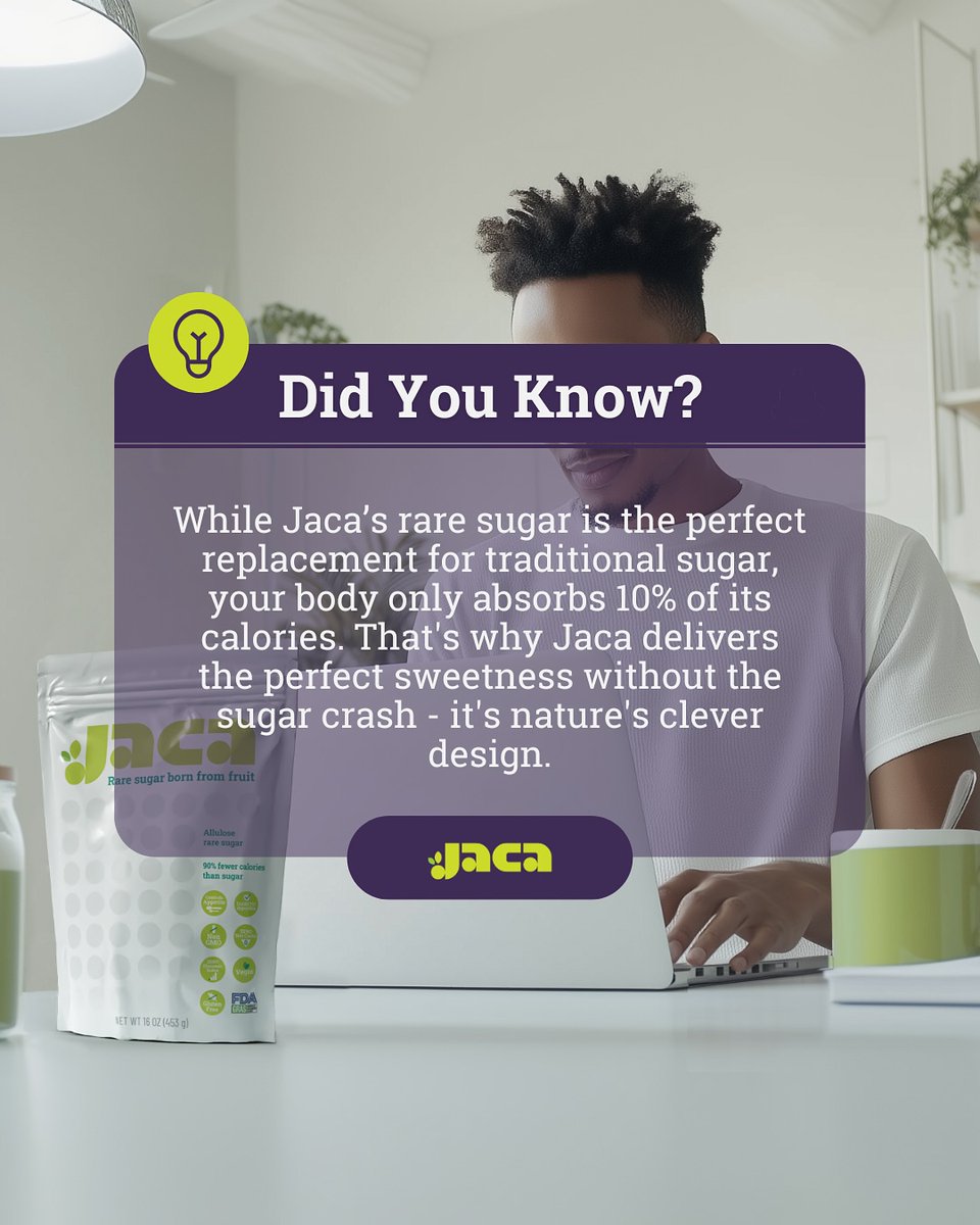 SugarJaca's tweet photo. 💡 Did you know? 💡

Jaca isn’t just another sugar alternative—it’s Jaca rare sugar, born from fruit. 🍃

This rare sugar is the perfect replacement for traditional sugar but behaves completely differently in your body. Your system only absorbs 10% of its calories, meaning no sugar spikes, no crashes, and 90% fewer calories than traditional sugar.

✨ Jaca rare sugar delivers real sweetness without compromise—so you can stir, bake, and enjoy, minus the guilt.

#JacaSweet #JacaLife #SweetSmarter #FruitBornSugar #JacaRareSugar #HealthySweeteners #BetterThanSugar #DitchTheSugar