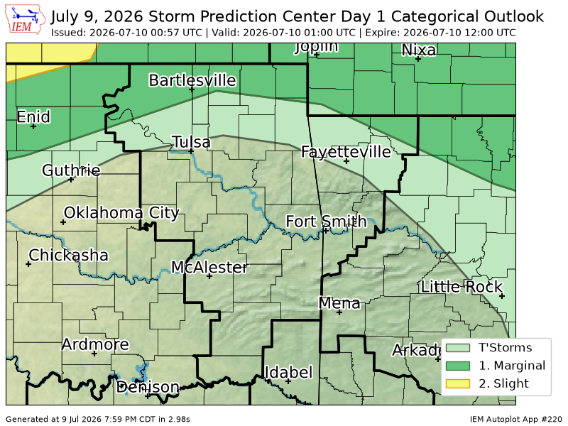 225AlertsAR's tweet photo. #SPC issues Day 1 Marginal Convective Risk at Jul 10, 0:57z for TSA https://t.co/YT3Sdk00oV https://t.co/0cxVNpjJC2