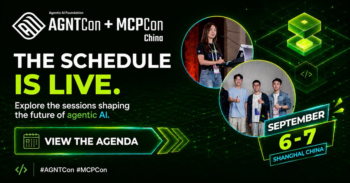 linuxfoundation's tweet photo. 🗓️ The agenda is here for #AGNTCon + #MCPCon China, September 6-7 in Shanghai!

From #MCP & agent protocols to infrastructure, orchestration, evaluation, & production systems, explore 2 days of technical sessions built for the open agentic #AI community.
🔗 Schedule: https://t.co/kbTfBZ40ii
🎟️ Register: https://t.co/PnUCfq0hQS
