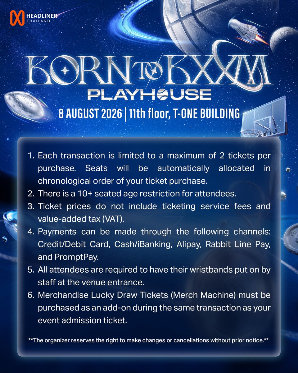 BxxmIntlFanClub's tweet photo. 📢 BORN TO BXXM PLAYHOUSE – Event Update 

The organizer has released additional information for BORN TO BXXM PLAYHOUSE!

📅 Event Date: 8 August 2026
🕛 Event Starts: 12:00 PM (GMT+7)
📍 11th Floor, T-ONE Building

🎫 Package Price: THB 1,500 (Limited to 200 seats)

Each ticket includes:
✨ 1 Entrance Ticket (Playhouse Door Pass)
✨ 2 Random Energy Cards
✨ A Lucky Fan opportunity to join an up-close Playhouse activity with Boom

🛒 Ticket Sales Open:
10 July 2026 | 11:00 AM (GMT+7) via Ticketmelon

https://t.co/reu5Rl9x1p

Please swipe to view the latest ticket information and important notes.

See you at Boom’s birthday party! 💙

📢 BORN TO BXXM PLAYHOUSE 最新資訊公開！ 

主辦方已更新 BORN TO BXXM PLAYHOUSE 的活動及購票資訊！

📅 活動日期：2026 年 8 月 8 日
🕛 活動時間：12:00 PM（GMT+7／泰國時間）
📍 T-ONE Building 11 樓

🎫 套票價格：1,500 泰銖（限量 200 席）

每張門票包含：
✨ 1 張入場門票（Playhouse Door Pass）
✨ 2 張隨機 Energy Cards
✨ Lucky Fan 抽選資格，有機會近距離參與 Boom 的 Playhouse 活動

🛒 開售時間：
2026 年 7 月 10 日 上午 11:00（GMT+7／泰國時間）（Ticketmelon）

https://t.co/reu5Rl9x1p

期待與大家一起為 Boom 慶生！💙

#BXXMRVW #BoomRaveewit #RVW #BornToBXXM2026 #BXXMPlayhouse2026